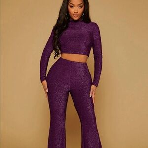 Purple Women's 2 Piece long sleeve Glitter Top & Pants
